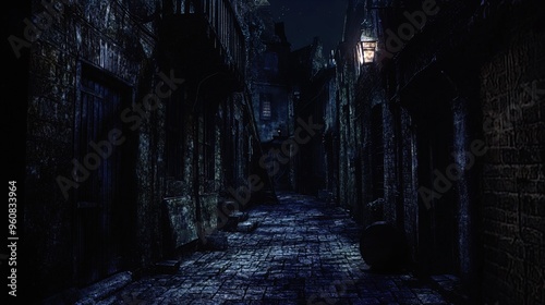 A dark, narrow alleyway with cobblestone pavement and aging brick walls under the cover of night. The scene is dimly illuminated by a few hanging lanterns casting muted yellow light, creating an eerie