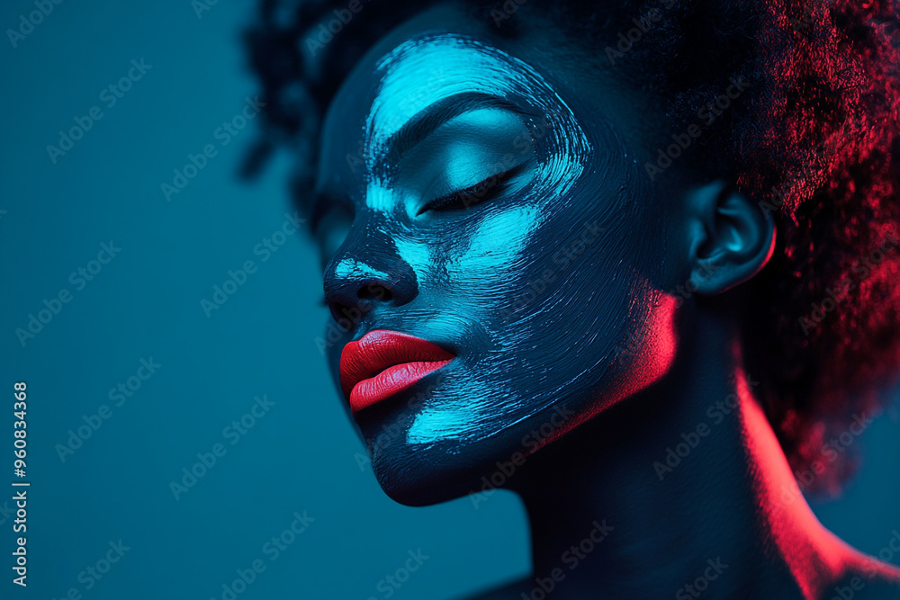 Chic Woman with Gray Face Mask and Neon Aqua, Fashion Portrait, Trendy Lifestyle Background Chic Woman with Gray Face Mask and Neon Aqua, Fashion Portrait, Trendy Lifestyle Background