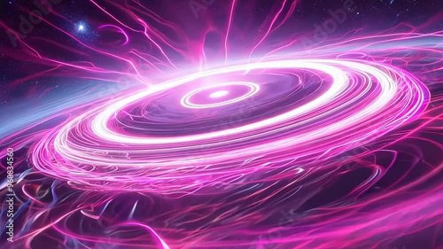 Magenta toroids float in aurora-like atmosphere. Plasma vortex reveals electromagnetic interactions. Radiant rings interconnected by ion trails against polar sky simulate complex space phenomena.	