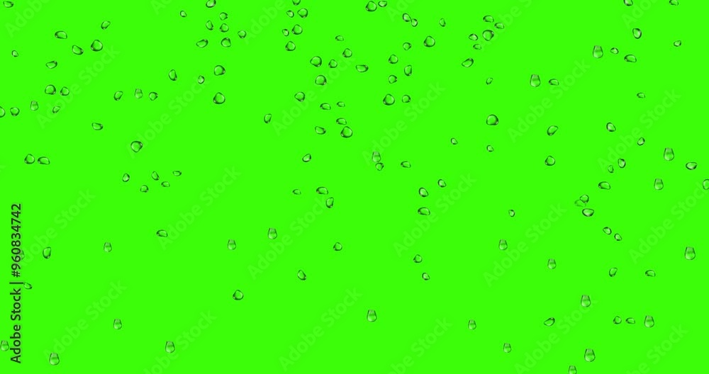Raindrops trickle down at window animation on a green screen background. Water rain falling rendering window glass over on chroma key, Stock Footage in 4k, Close-up water drops on glass or bottle
