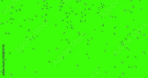 Raindrops trickle down at window animation on a green screen background. Water rain falling rendering window glass over on chroma key, Stock Footage in 4k, Close-up water drops on glass or bottle