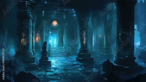 An ancient, mysterious indoor landscape filled with towering stone pillars in a ruinous state. The scene is bathed in a blue, ethereal light, with cyan luminescence illuminating parts of the structure