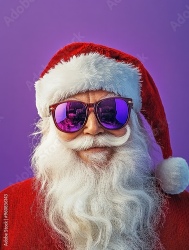 Portrait of Santa Claus in sunglasses on a purple background. Christmas. Studio shot, winter feeling, vibrant color, attention grabbing.