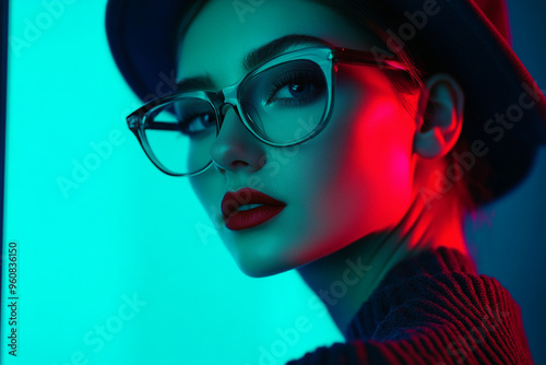 Woman in Gray Eyewear with Solid Neon Aqua Accents, Contemporary Fashion Portrait, Modern Lifestyle Background