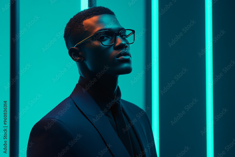 Man in Navy Suit with Solid Neon Teal Accents, Contemporary Fashion Portrait, Chic Background Man in Navy Suit with Solid Neon Teal Accents, Contemporary Fashion Portrait, Chic Background