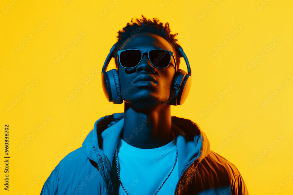 Man in Gray Headphones with Solid Neon Yellow Accents, Fashionable Portrait, Modern Lifestyle Background Man in Gray Headphones with Solid Neon Yellow Accents, Fashionable Portrait, Modern Lifestyle Background