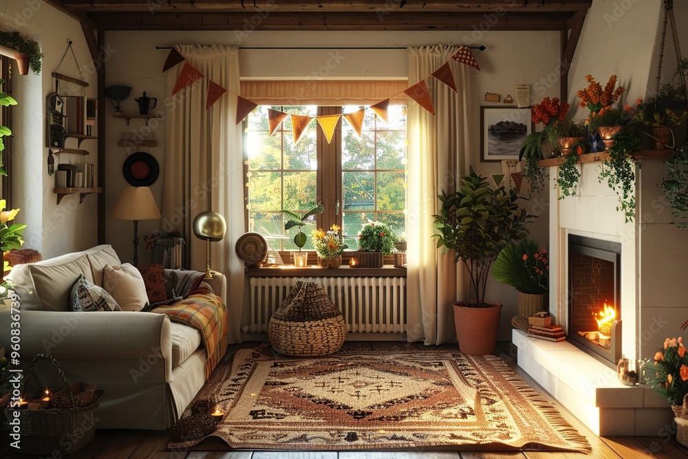 Cozy Living Room with a Fireplace and Window View