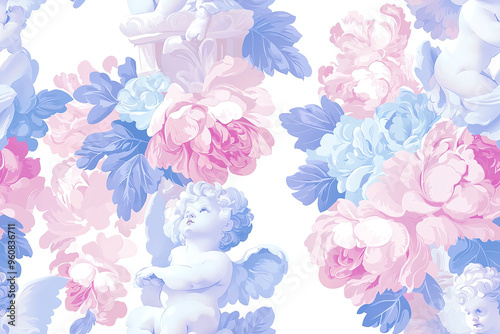 Seamless pattern of rococo-style cherubs and ornate floral swags in pastel hues photo