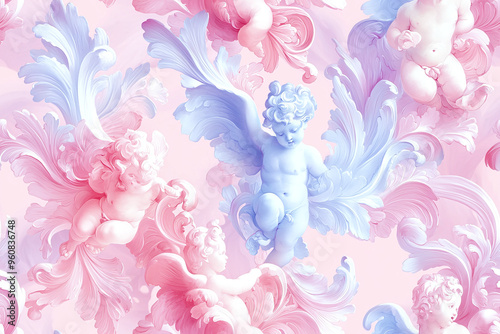 Seamless pattern of rococo-style cherubs and ornate floral swags in pastel hues photo