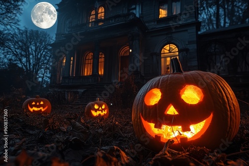 t captures a spooky atmosphere with glowing jack-o'-lanterns, a haunted house, and an eerie full moon photo