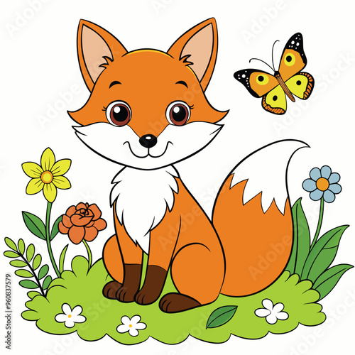 A delightful baby fox sitting on grass and surrounded by vibrant flowers and lush greenery capturing a moment of innocence in nature