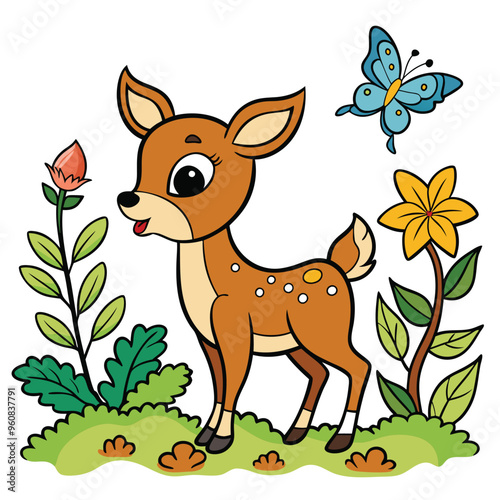 A sweet baby deer stands in a lively setting surrounded by blooming flowers and a fluttering butterfly evoking a sense of innocence and natures beauty.