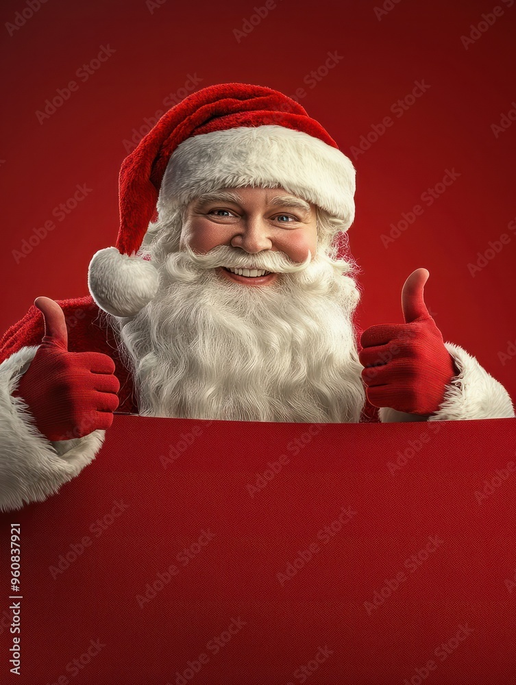 Naklejka premium Smiling Santa Claus showing thumbs up, class, bottom blank red advertising banner background with copy space