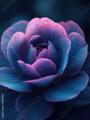 Surreal 3D violet and indigo rose with rich tones, soft lighting, set against a dark background.