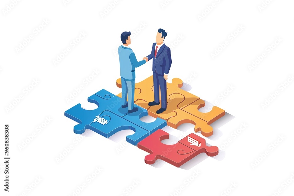 Businessman handshake on puzzle. Partnership concept, isometric Businessman handshake on puzzle. Partnership concept, isometric