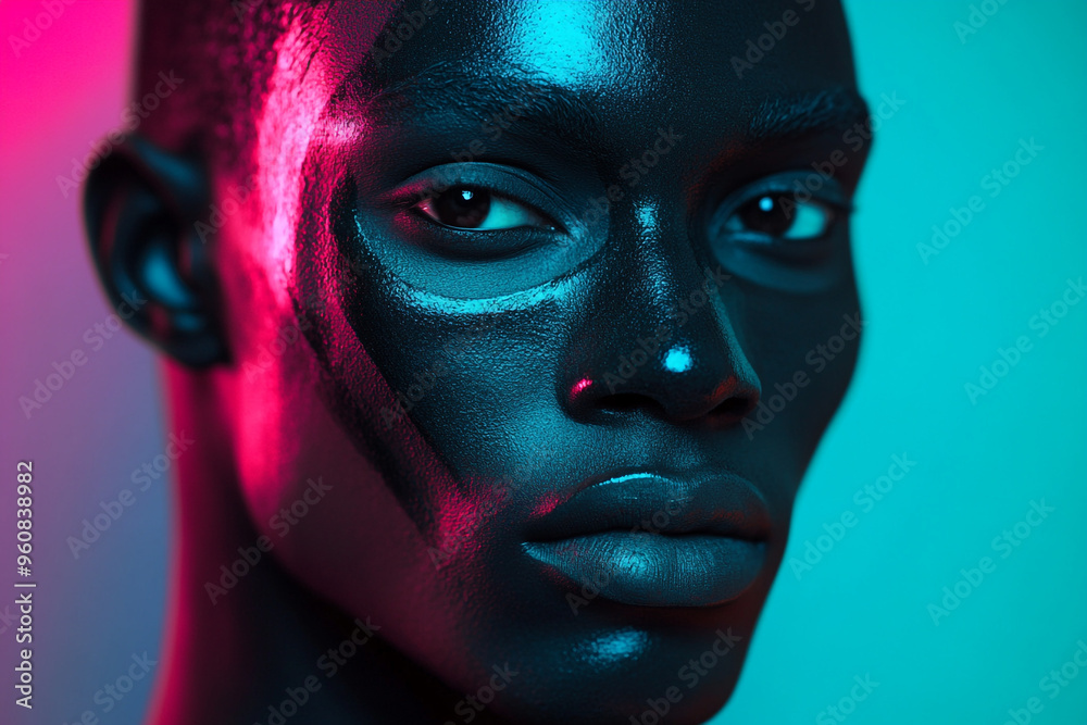Trendy Man in Gray Face Mask with Neon Aqua Accents, Contemporary Fashion Portrait, Urban Lifestyle Background Trendy Man in Gray Face Mask with Neon Aqua Accents, Contemporary Fashion Portrait, Urban Lifestyle Background
