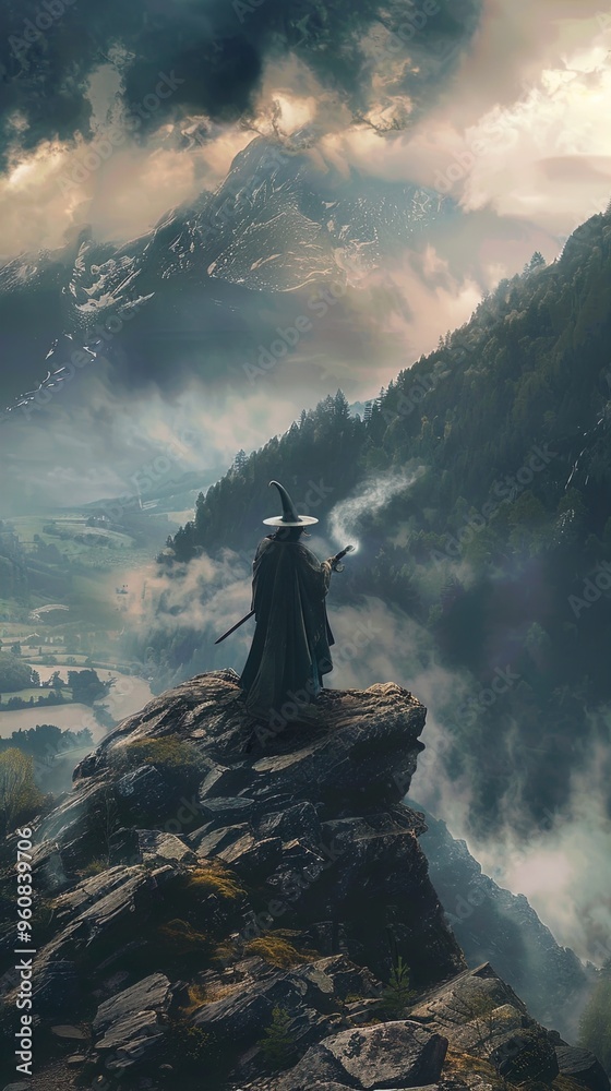 A mystical scene portrays a wizard standing atop a rocky cliff overlooking a vast, mountainous landscape. The wizard, garbed in traditional robes and a pointy hat, holds a glowing staff, casting a fai A mystical scene portrays a wizard standing atop a rocky cliff overlooking a vast, mountainous landscape. The wizard, garbed in traditional robes and a pointy hat, holds a glowing staff, casting a fai