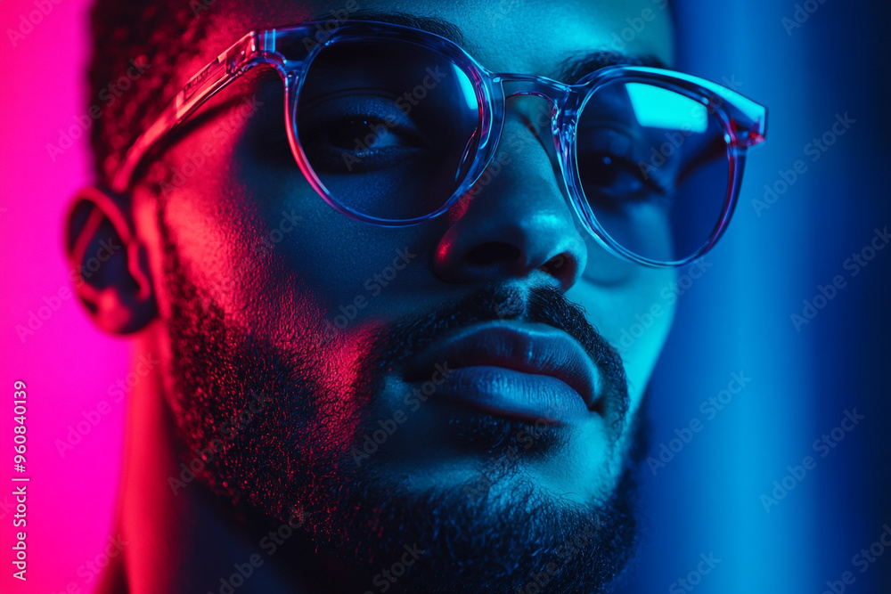 Trendy Gray Eyewear for Men with Solid Neon Aqua Modern Lifestyle Portrait in Fashionable Setting Trendy Gray Eyewear for Men with Solid Neon Aqua Modern Lifestyle Portrait in Fashionable Setting