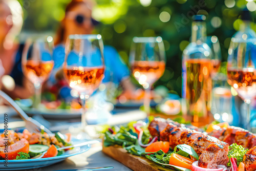 Backyard dinner table have a tasty grilled BBQ meat, Salads and wine with happy joyful people on background