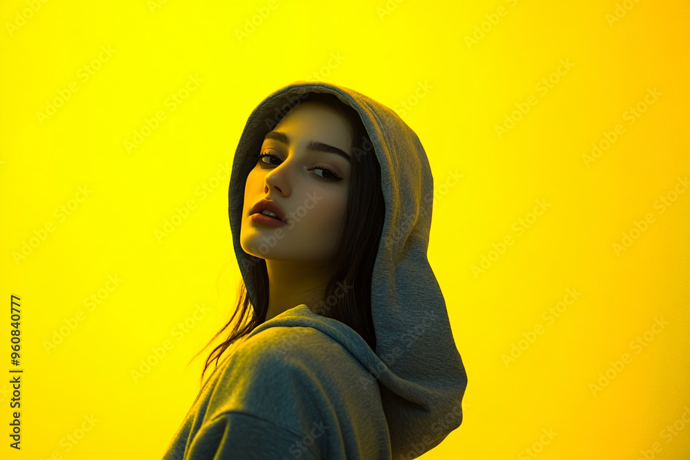 Fototapeta premium Womens Gray Hoodie with Solid Neon Yellow Trendy Lifestyle Portrait in Fashionable Background