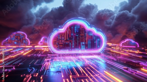 A futuristic 3D animation visualizing cloud computing technology merging with banking architecture, set against a backdrop of a vibrant circuit board. It highlights the concept of digital banking