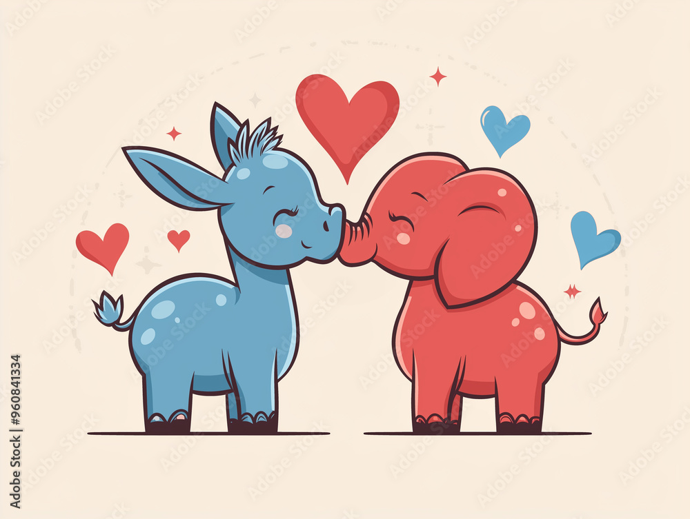 Adorable cartoon of a blue Democrat donkey and a red Republican elephant hugging each other, symbolizing the desire for political unity in the US with heart symbols. Adorable cartoon of a blue Democrat donkey and a red Republican elephant hugging each other, symbolizing the desire for political unity in the US with heart symbols.