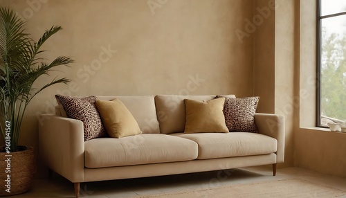 Beige sofa next to a stucco wall, facing a grid window. Modern living room interior design with a bohemian touch.