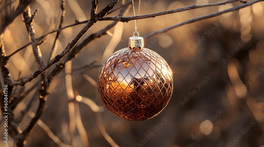 Glittering Christmas Ornament Hanging on Bare Branch.