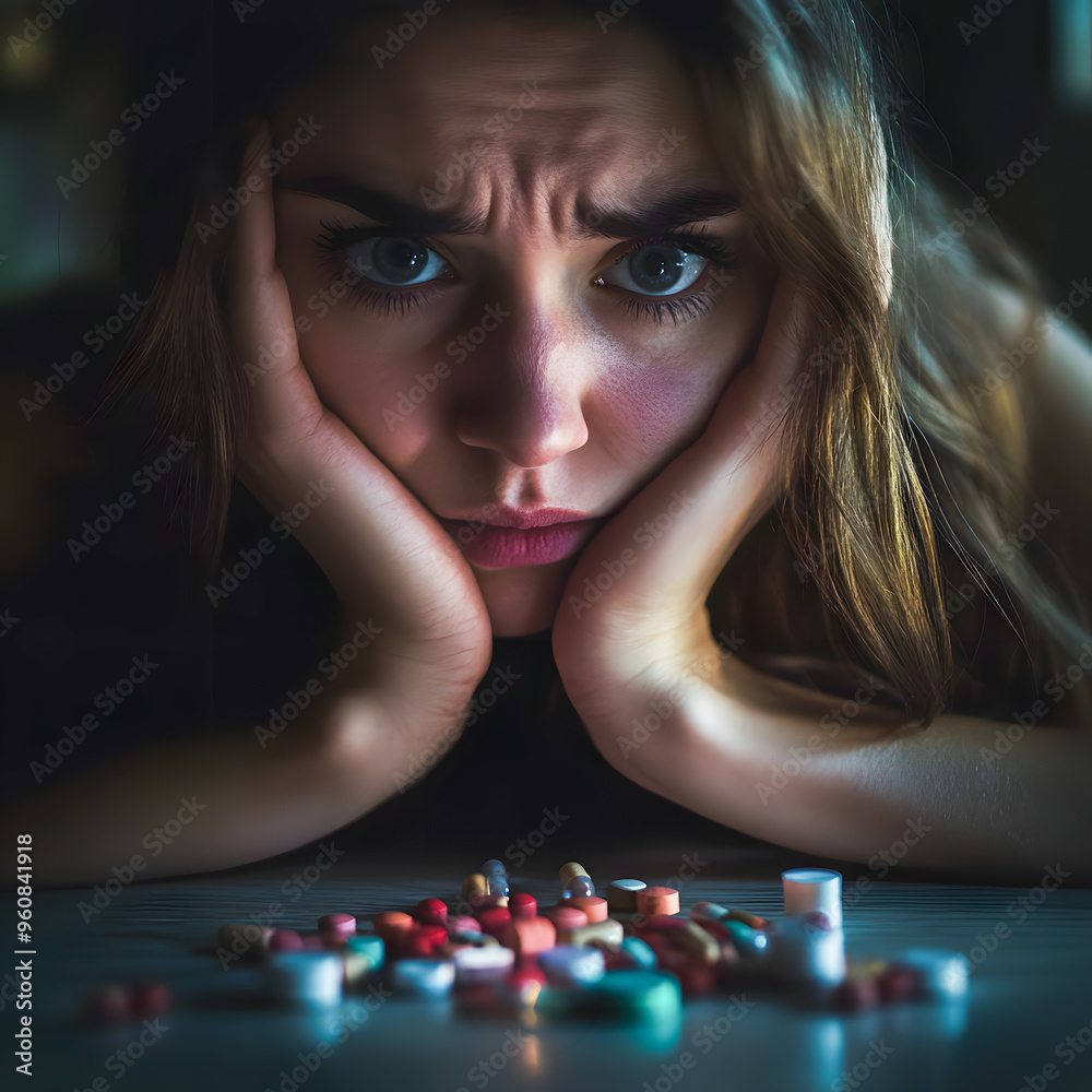 Thoughtful young woman sitting at a table with medication bottle and pills, illuminated by a warm lamp in a dimly lit room. Mood of concern or contemplation. Thoughtful young woman sitting at a table with medication bottle and pills, illuminated by a warm lamp in a dimly lit room. Mood of concern or contemplation.