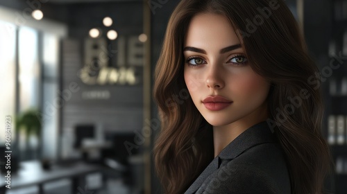 Beautiful modern brown hair business woman portrait in the office with copy space