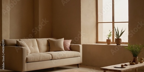 Beige sofa next to a stucco wall, facing a grid window. Modern living room interior design with a bohemian touch.