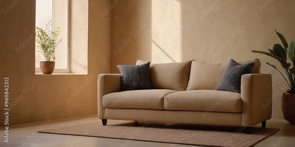 Fototapeta premium Beige sofa next to a stucco wall, facing a grid window. Modern living room interior design with a bohemian touch.
