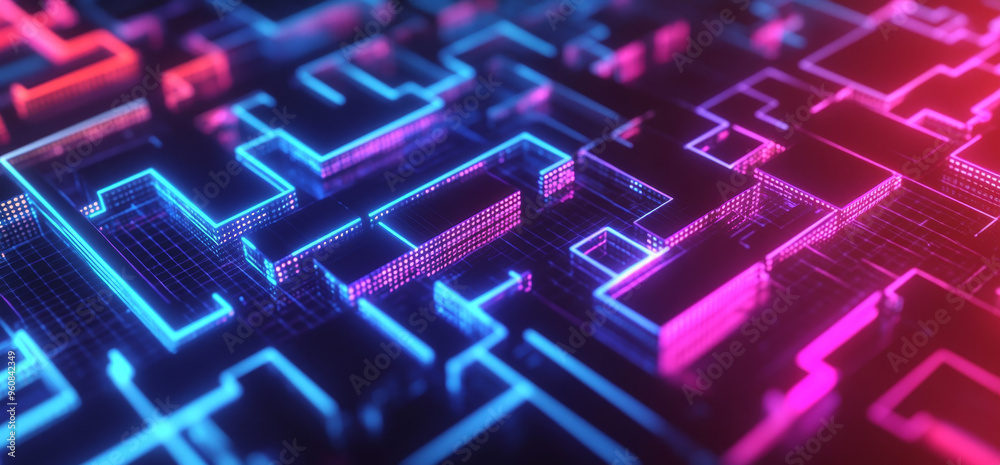 Abstract hologram of glowing digital blocks forming an illuminated maze on a dark background with copy space Abstract hologram of glowing digital blocks forming an illuminated maze on a dark background with copy space