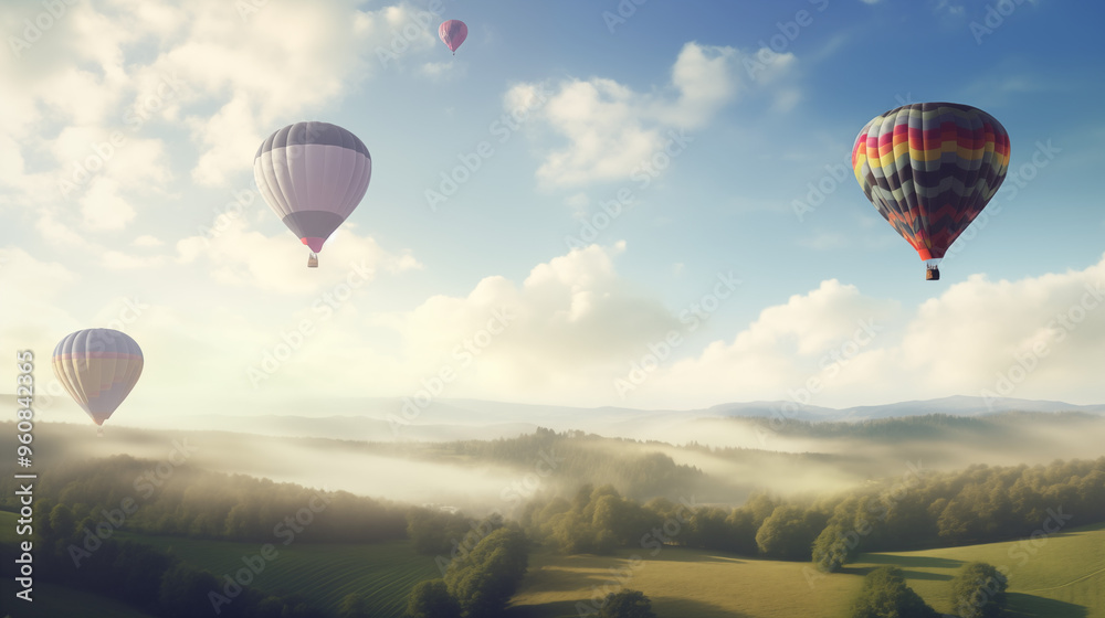 Fototapeta premium Serene Hot Air Balloons Over a Misty Landscape During Sunrise