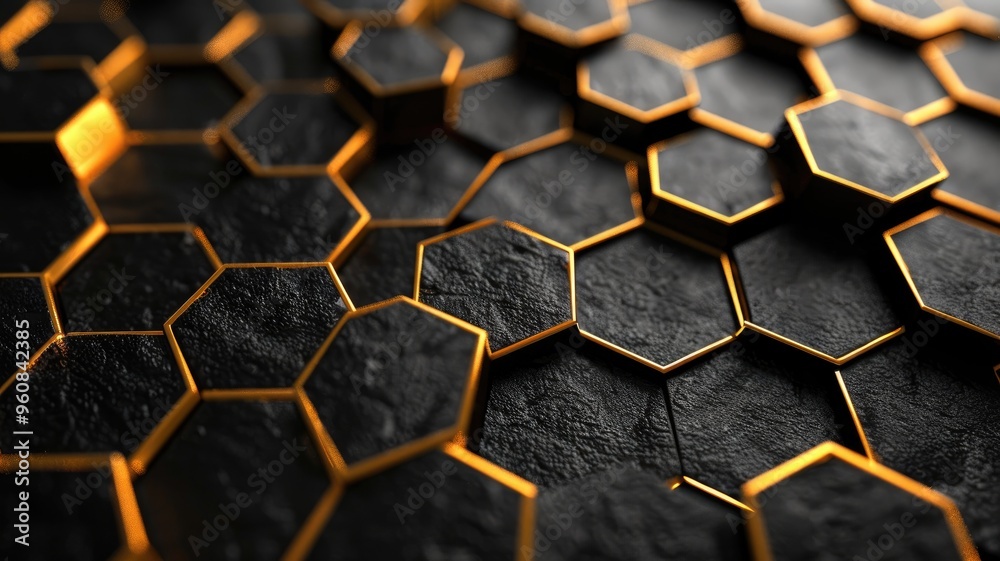 Black hexagonal pattern with golden edges on surface Black hexagonal pattern with golden edges on surface