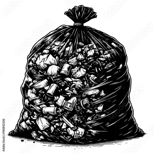Black and white illustration of a garbage bag filled with trash. Vector, generative ai.