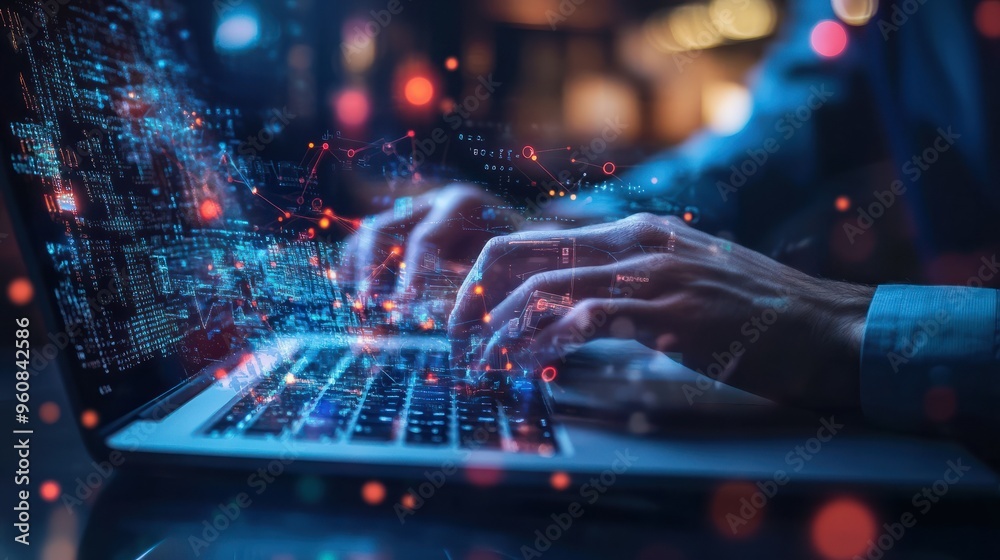 Close-up of a software engineer's hands working on a laptop with a digital overlay of global connections and binary code, showcasing the integration of advanced technology in IT support Close-up of a software engineer's hands working on a laptop with a digital overlay of global connections and binary code, showcasing the integration of advanced technology in IT support