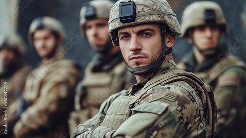 soldier posing confidently in front of his squad, with a calm and assured expression, reflecting leadership and authority