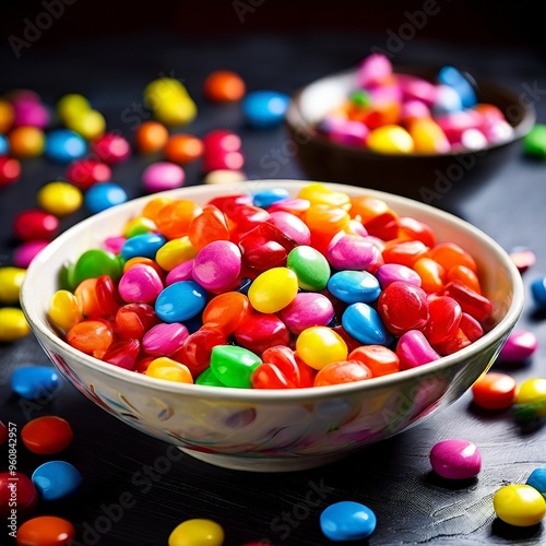 A bowl filled with vibrant, multi-colored candies sits on a dark surface, creating a striking contrast. The cheerful colors and glossy texture of the candies evoke a playful and joyful mood.