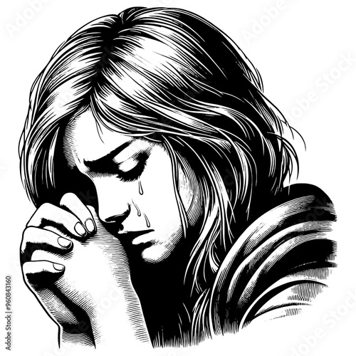 Emotional black and white illustration of a woman crying in sorrow. Vector, generative ai.
