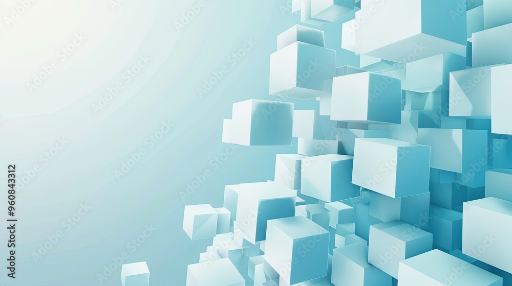 Obraz premium A digital abstract composition featuring floating light blue cubes against a soft gradient background.