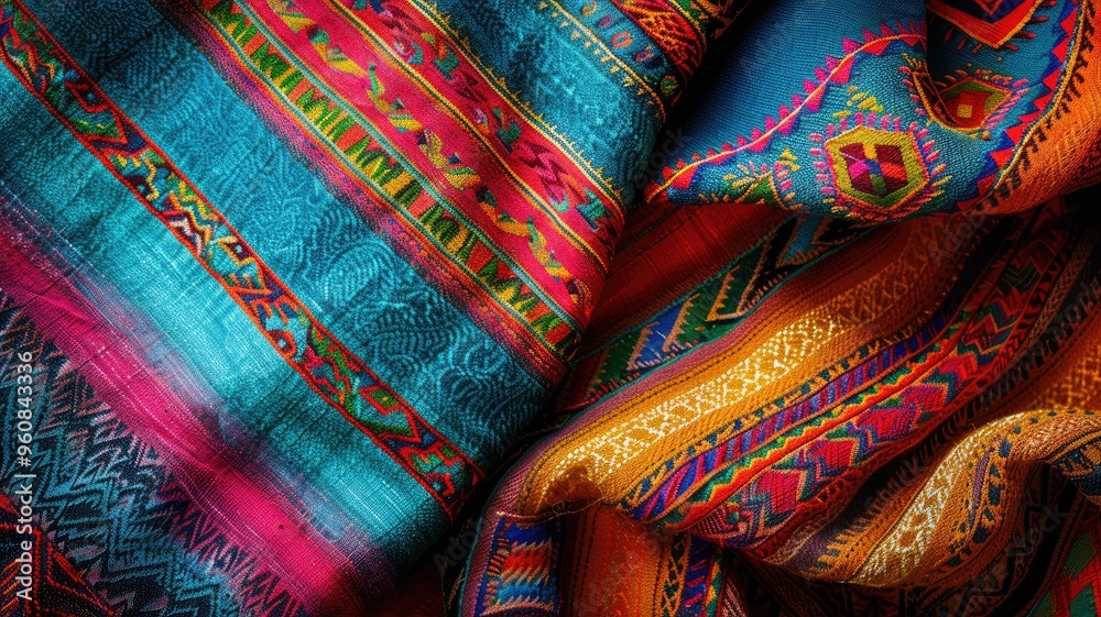 Colorful woven fabrics with intricate patterns Colorful woven fabrics with intricate patterns