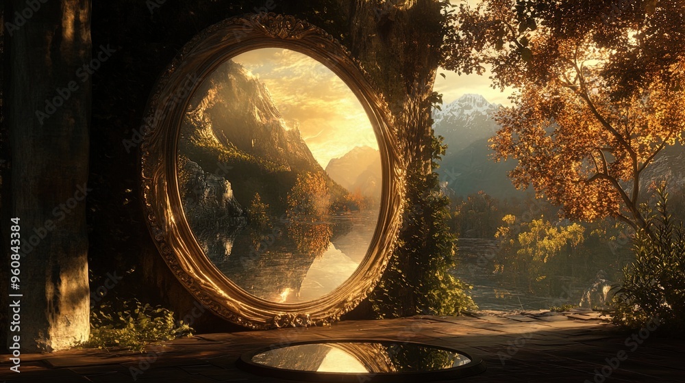 The image captures a surreal and enchanting scene where a large, ornate circular mirror, placed against a backdrop of a dense, leafy environment, reflects a breathtaking mountainous landscape. The ref The image captures a surreal and enchanting scene where a large, ornate circular mirror, placed against a backdrop of a dense, leafy environment, reflects a breathtaking mountainous landscape. The ref