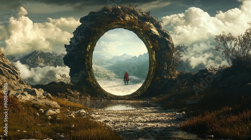 A solitary figure in a red cloak stands on a distant, elevated platform, partially obscured by a giant, ancient stone ring framing a breathtaking landscape. The stone ring is ornately weathered, with  photo