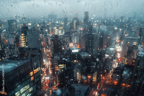 The view of a rain-soaked cityscape from the top of a tall building, with slick rooftops glistening. --ar 3:2 --v 6.1 Job ID: 0458dd0f-e73b-44e6-a18b-757e895d1e74