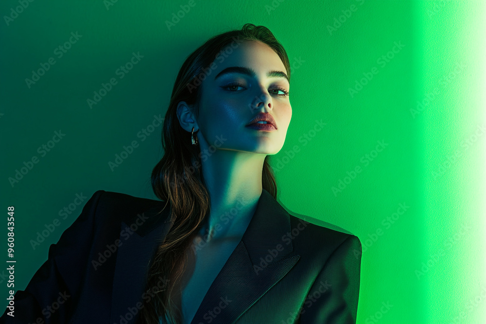 Woman Tailored Suit with Solid Neon Green Modern Lifestyle Portrait with Neon Fashion Setting Woman Tailored Suit with Solid Neon Green Modern Lifestyle Portrait with Neon Fashion Setting