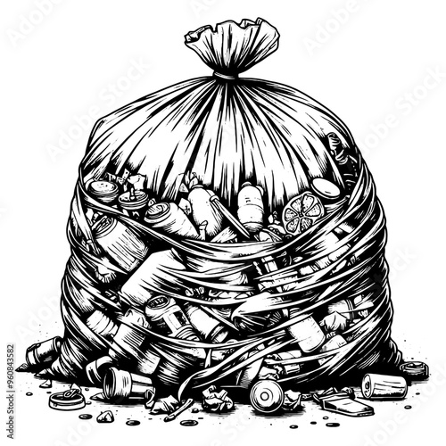 Black and white illustration of a garbage bag filled with trash. Vector, generative ai.