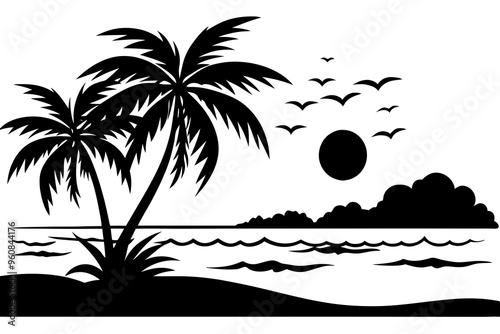 Sunset Beach Silhouette Vector Illustration Stunning Coastal Sunset Artwork