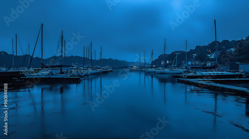 harbor, pale blue hour, surreal, detailed, peaceful, rain