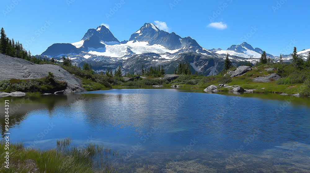 Majestic, snow-covered peaks, alpine meadows, serene, high quality, photorealistic, mountain range, crystal-clear lakes, untouched wilderness, panoramic Majestic, snow-covered peaks, alpine meadows, serene, high quality, photorealistic, mountain range, crystal-clear lakes, untouched wilderness, panoramic
